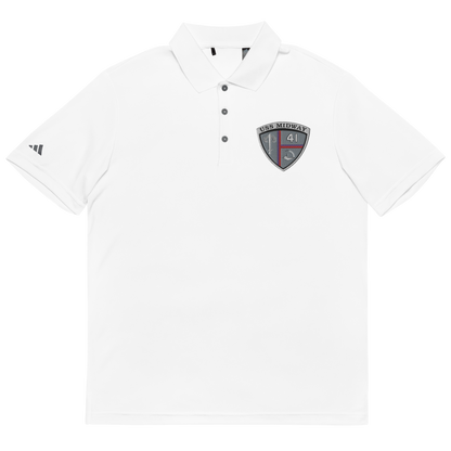 USS Midway (CV-41) Men's Adidas Performance Polo - Embroidered – front view, white