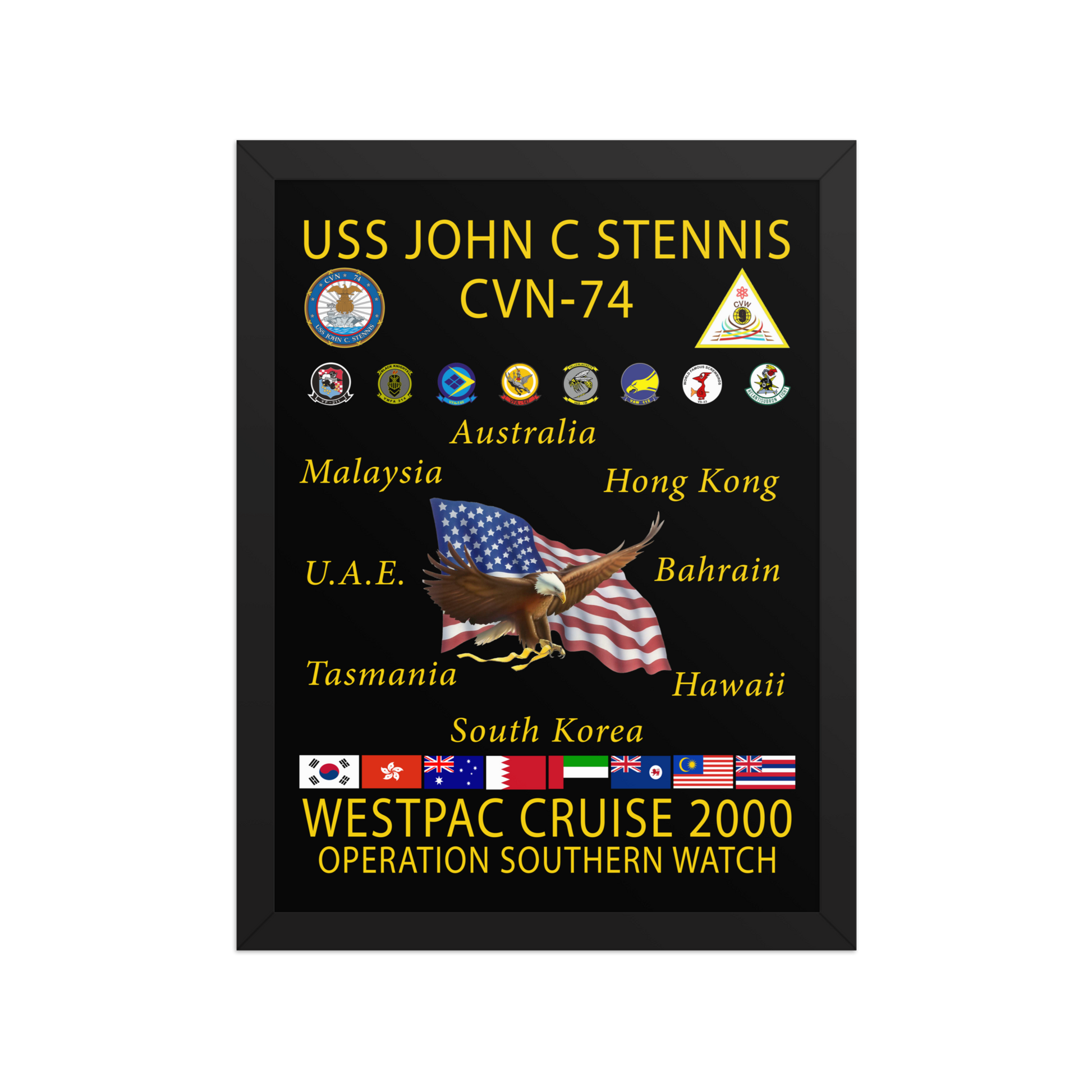 USS John C. Stennis CVN-74 WESTPAC Cruise 2000 Framed Poster – Operation Southern Watch – front view, black, 12x16