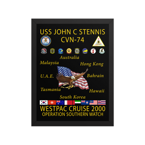 USS John C. Stennis CVN-74 WESTPAC Cruise 2000 Framed Poster – Operation Southern Watch – front view, black, 12x16