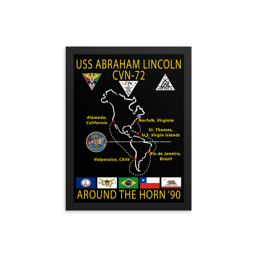 USS Abraham Lincoln (CVN-72) 1990 Around the Horn Framed Cruise Poster – black, 12x16