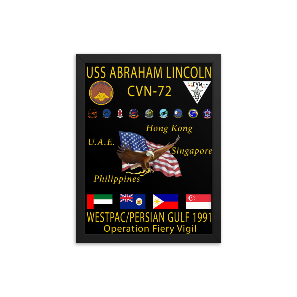 USS Abraham Lincoln (CVN-72) 1991 Framed Cruise Poster – black, 12x16