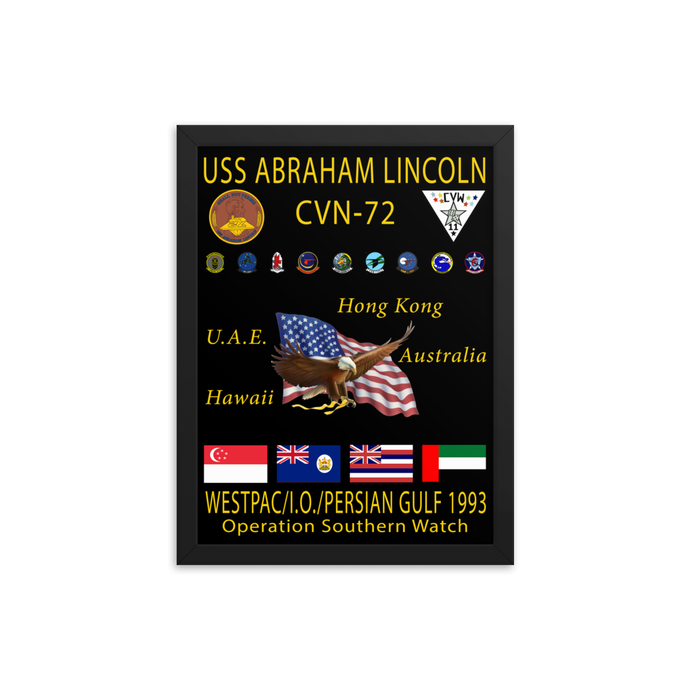 USS Abraham Lincoln (CVN-72) 1993 Framed Cruise Poster – black, 12x16