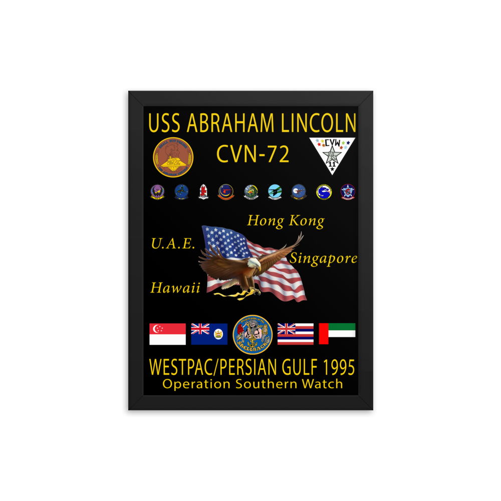USS Abraham Lincoln (CVN-72) 1995 Framed Cruise Poster – black, 12x16