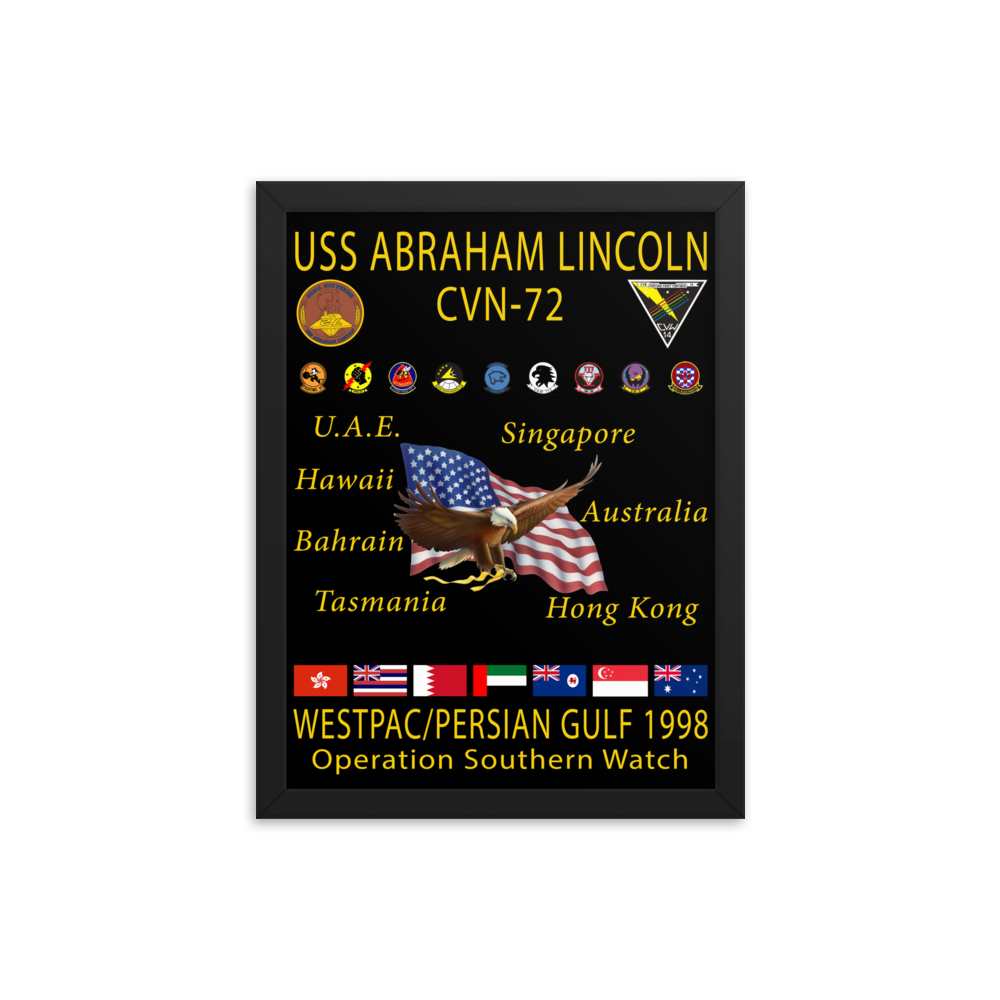 USS Abraham Lincoln (CVN-72) 1998 Framed Cruise Poster – black, 12x16