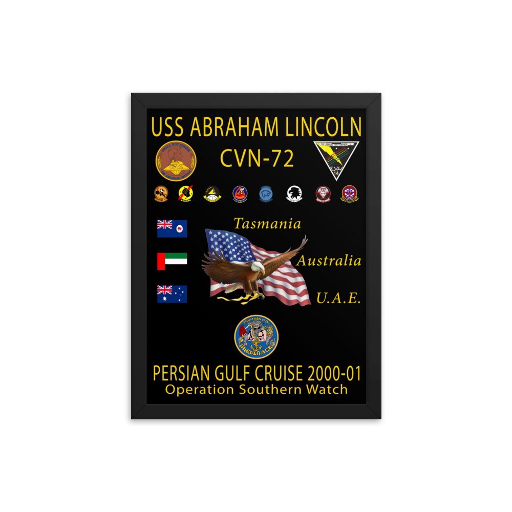 USS Abraham Lincoln (CVN-72) 2000-01 Framed Cruise Poster – black, 12x16
