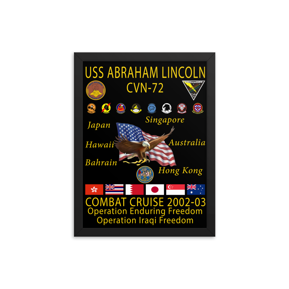USS Abraham Lincoln (CVN-72) 2002-03 Framed Cruise Poster – black, 12x16