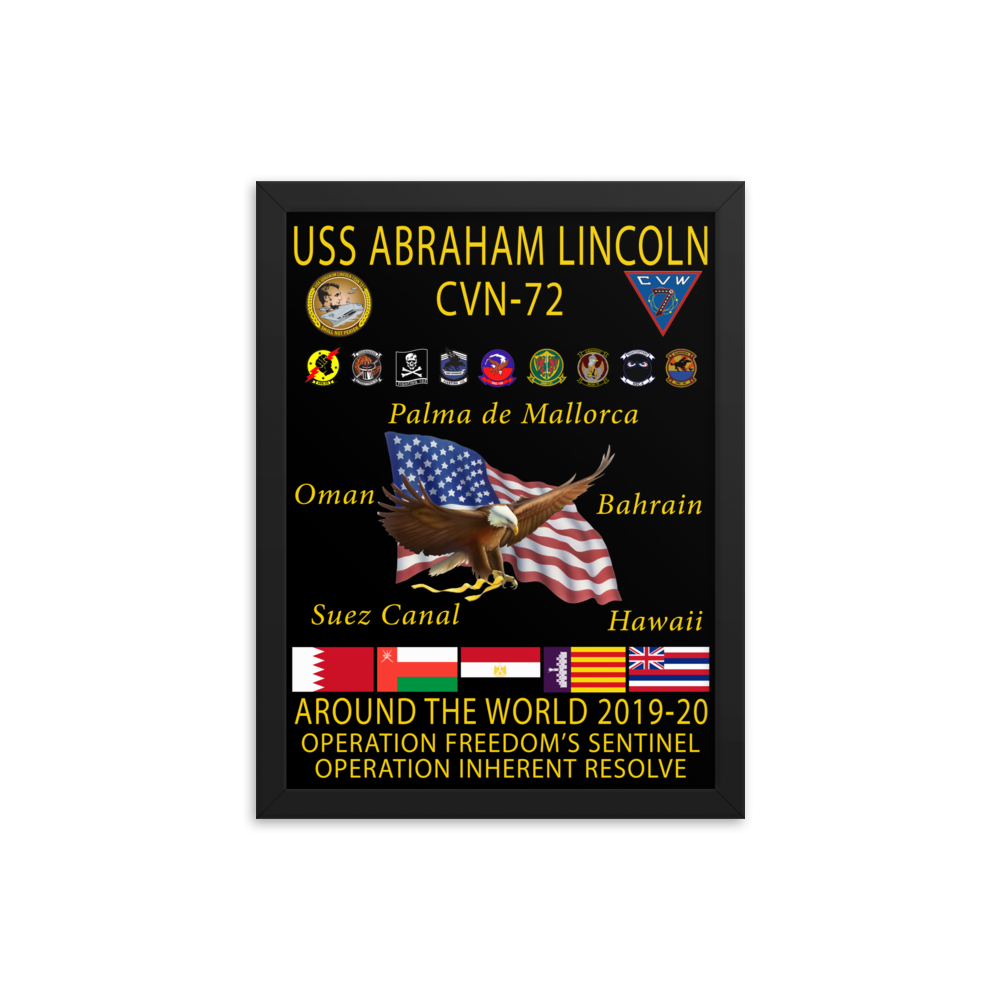 USS Abraham Lincoln (CVN-72) 2019-20 Framed Cruise Poster – black, 12x16
