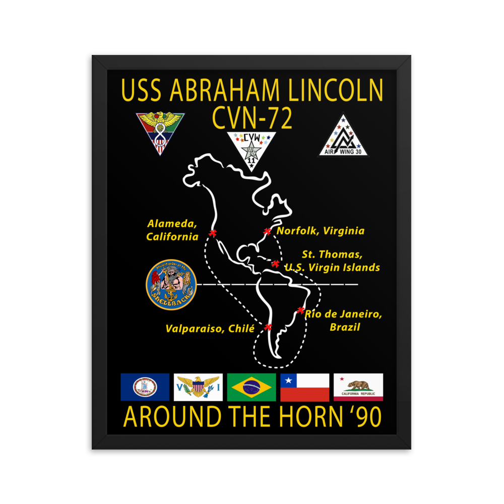 USS Abraham Lincoln (CVN-72) 1990 Around the Horn Framed Cruise Poster – black, 16x20