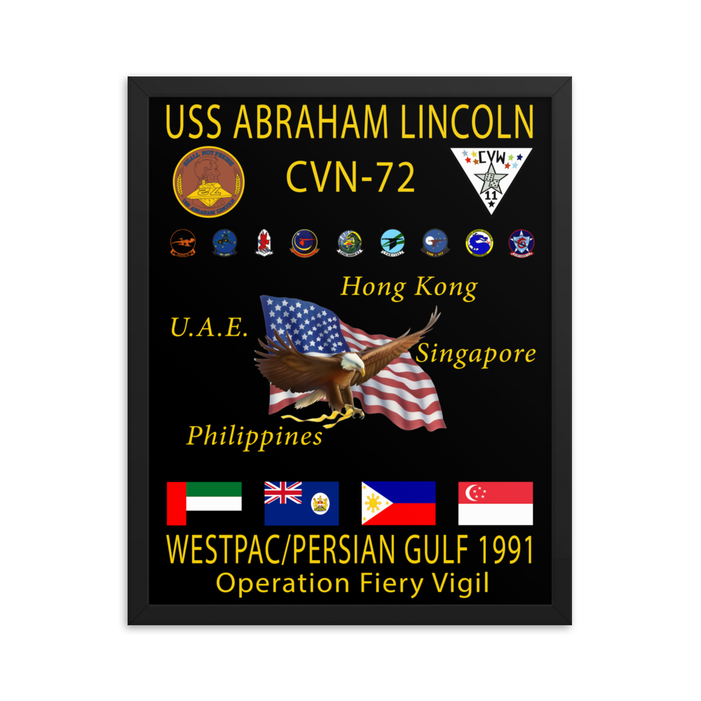 USS Abraham Lincoln (CVN-72) 1991 Framed Cruise Poster – black, 16x20