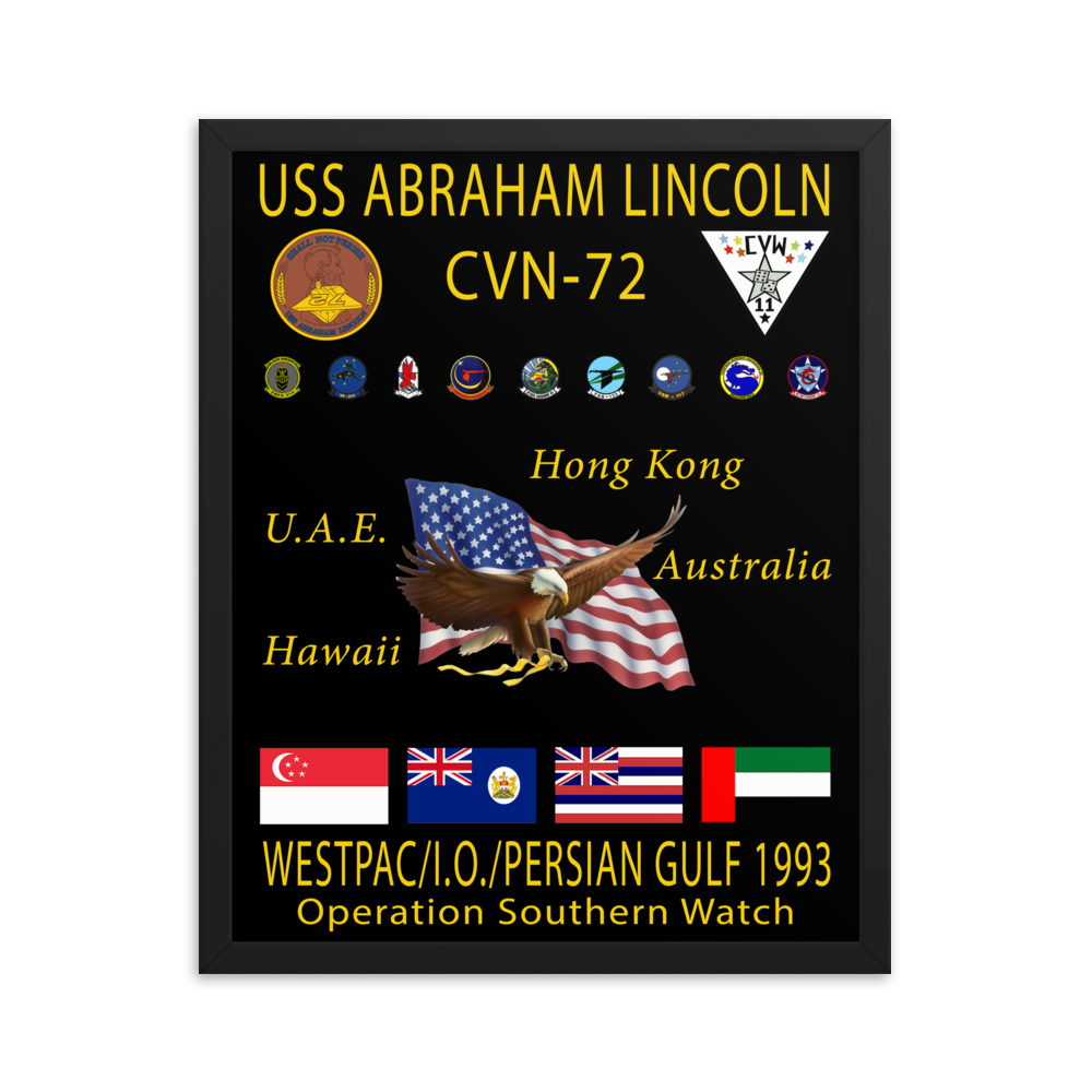 USS Abraham Lincoln (CVN-72) 1993 Framed Cruise Poster – black, 16x20