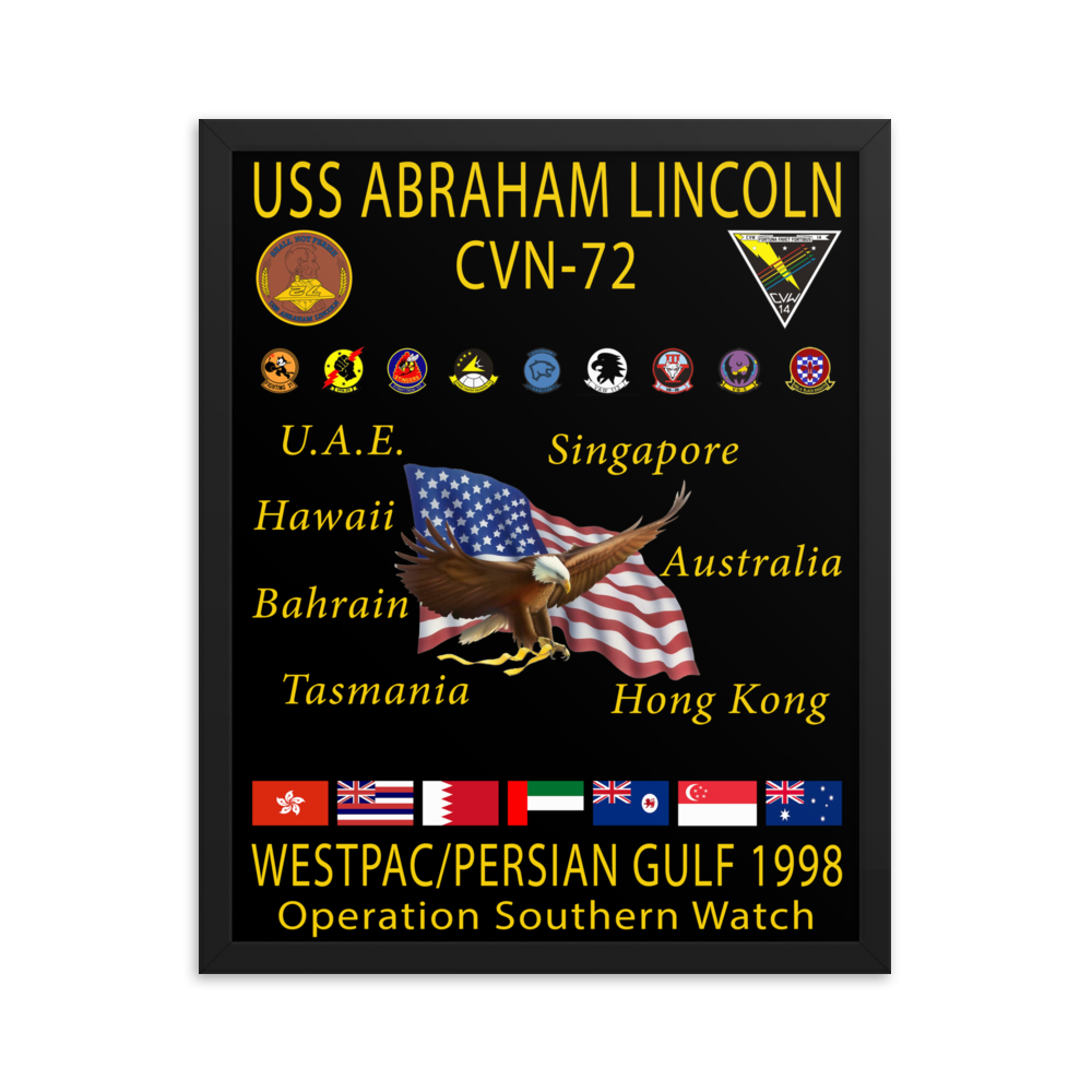 USS Abraham Lincoln (CVN-72) 1998 Framed Cruise Poster – black, 16x20