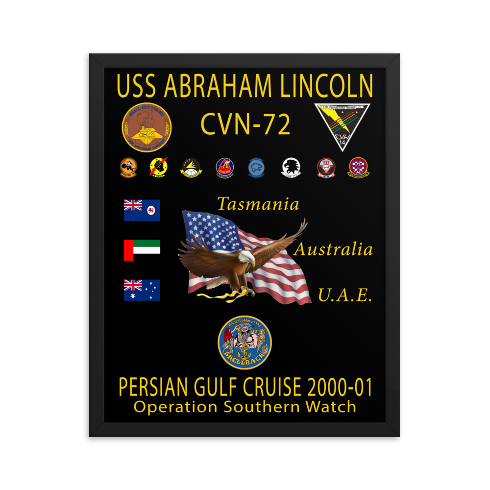 USS Abraham Lincoln (CVN-72) 2000-01 Framed Cruise Poster – black, 16x20