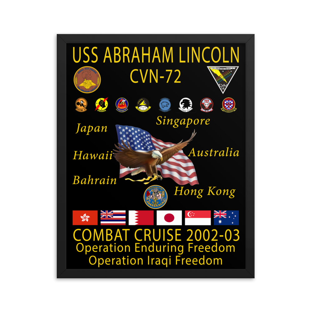 USS Abraham Lincoln (CVN-72) 2002-03 Framed Cruise Poster – black, 16x20