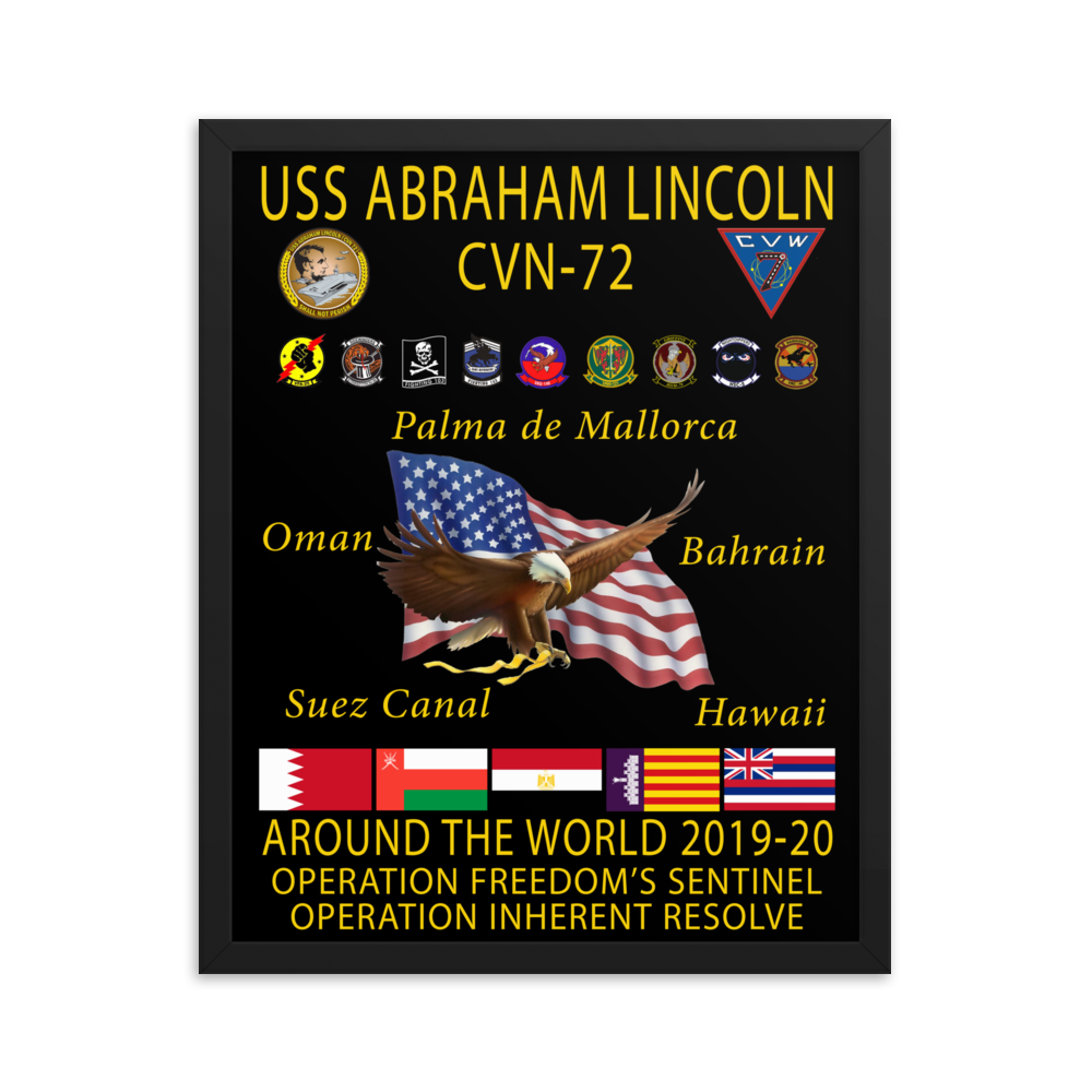USS Abraham Lincoln (CVN-72) 2019-20 Framed Cruise Poster – black, 16x20