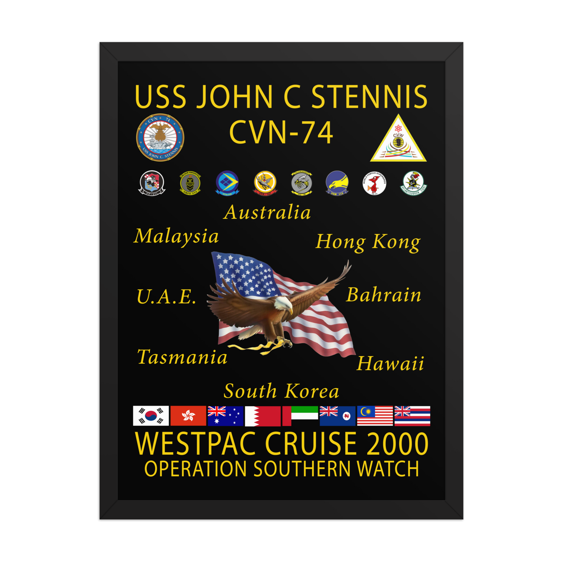 USS John C. Stennis CVN-74 WESTPAC Cruise 2000 Framed Poster – Operation Southern Watch – front view, black, 18x24