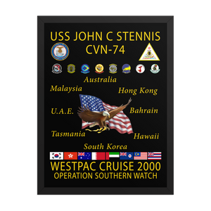 USS John C. Stennis CVN-74 WESTPAC Cruise 2000 Framed Poster – Operation Southern Watch – front view, black, 18x24