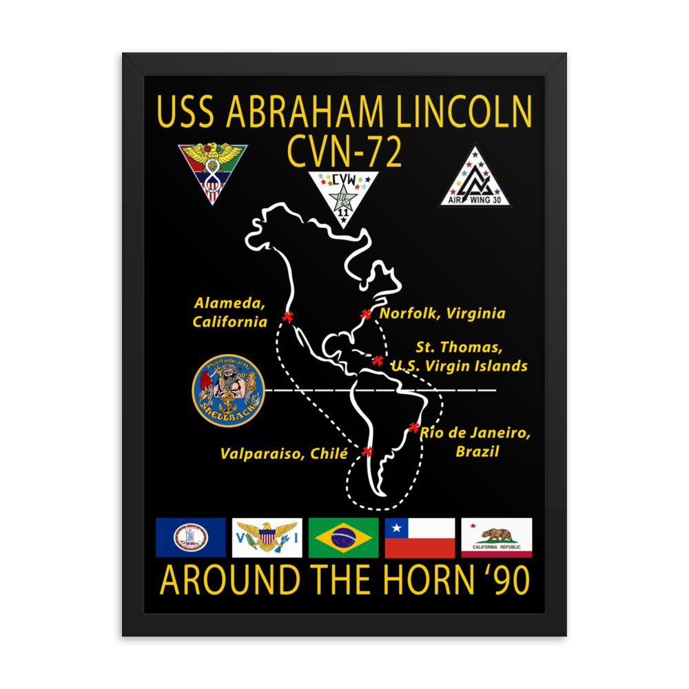 USS Abraham Lincoln (CVN-72) 1990 Around the Horn Framed Cruise Poster – black, 18x24