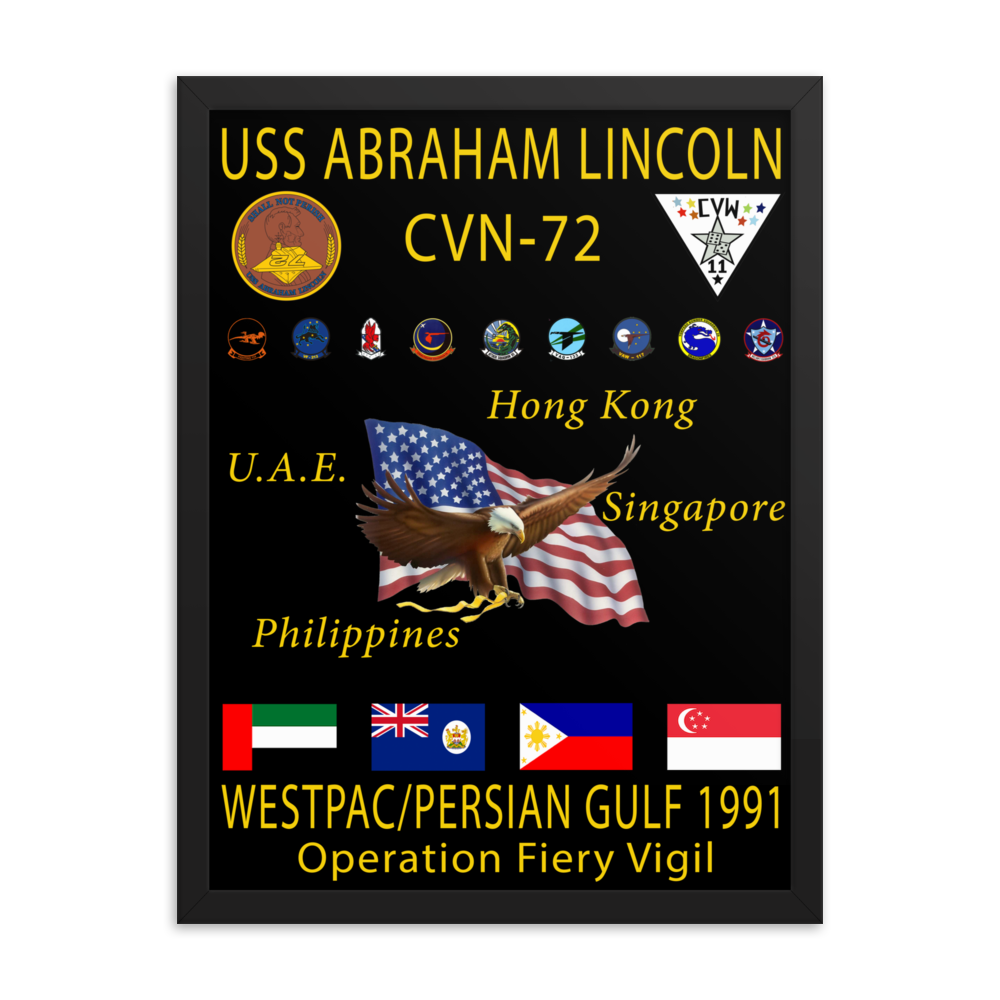USS Abraham Lincoln (CVN-72) 1991 Framed Cruise Poster – black, 18x24