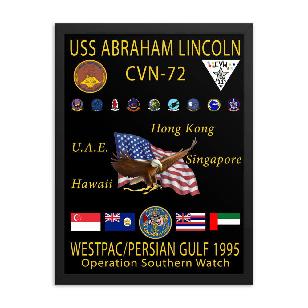 USS Abraham Lincoln (CVN-72) 1995 Framed Cruise Poster – black, 18x24