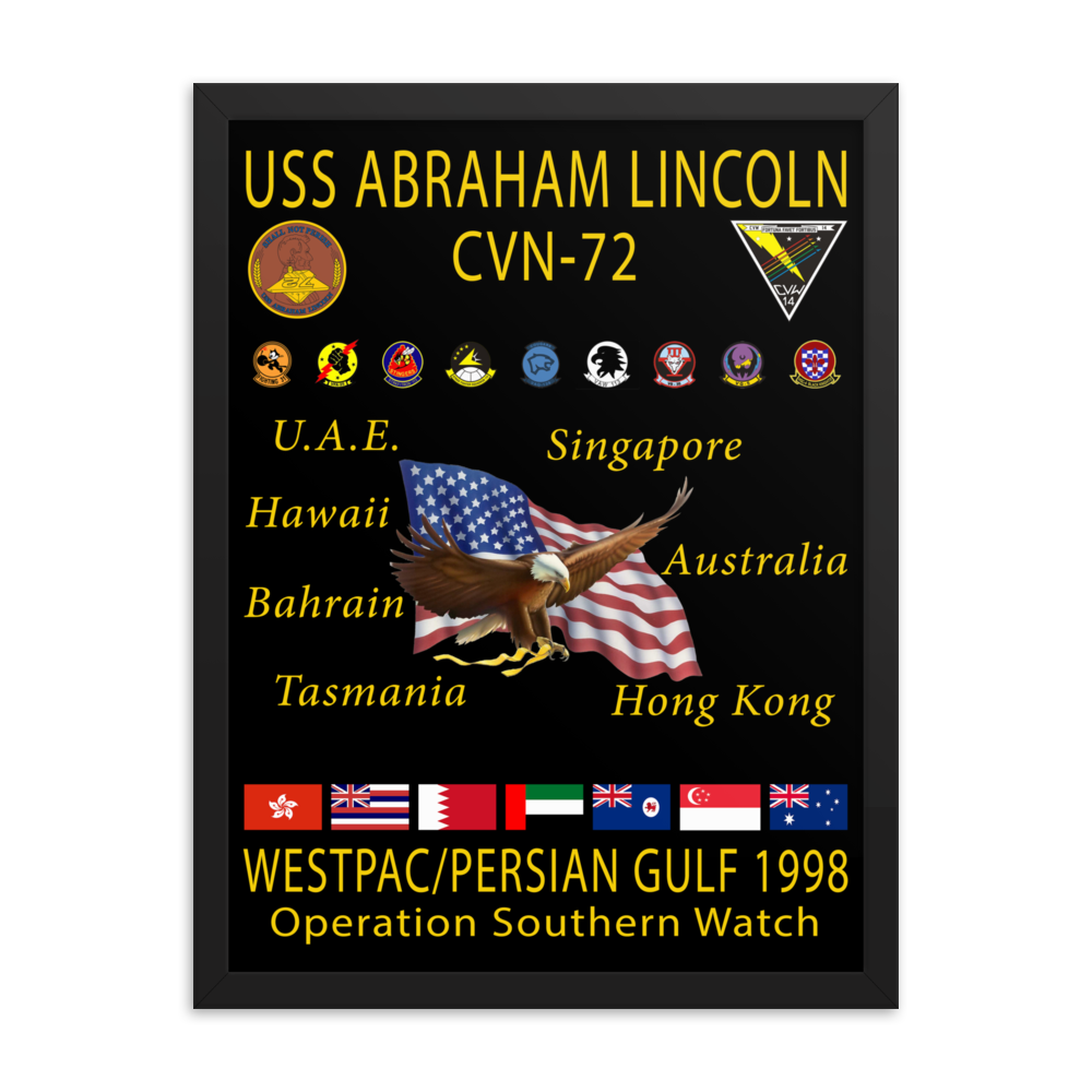 USS Abraham Lincoln (CVN-72) 1998 Framed Cruise Poster – black, 18x24
