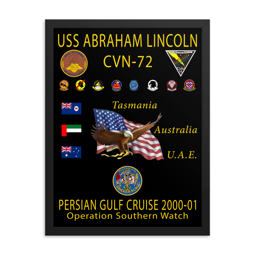 USS Abraham Lincoln (CVN-72) 2000-01 Framed Cruise Poster – black, 18x24