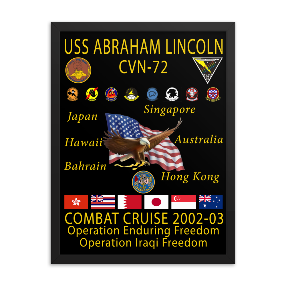 USS Abraham Lincoln (CVN-72) 2002-03 Framed Cruise Poster – black, 18x24