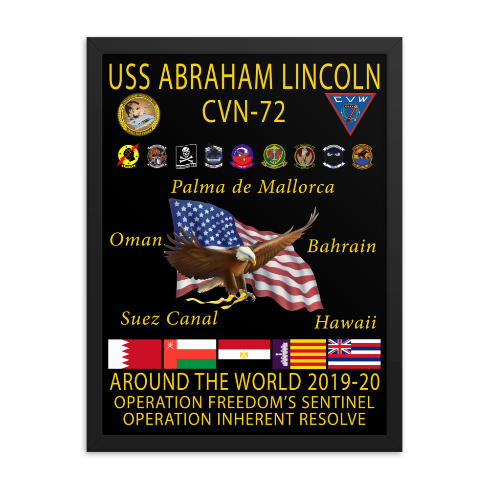 USS Abraham Lincoln (CVN-72) 2019-20 Framed Cruise Poster – black, 18x24