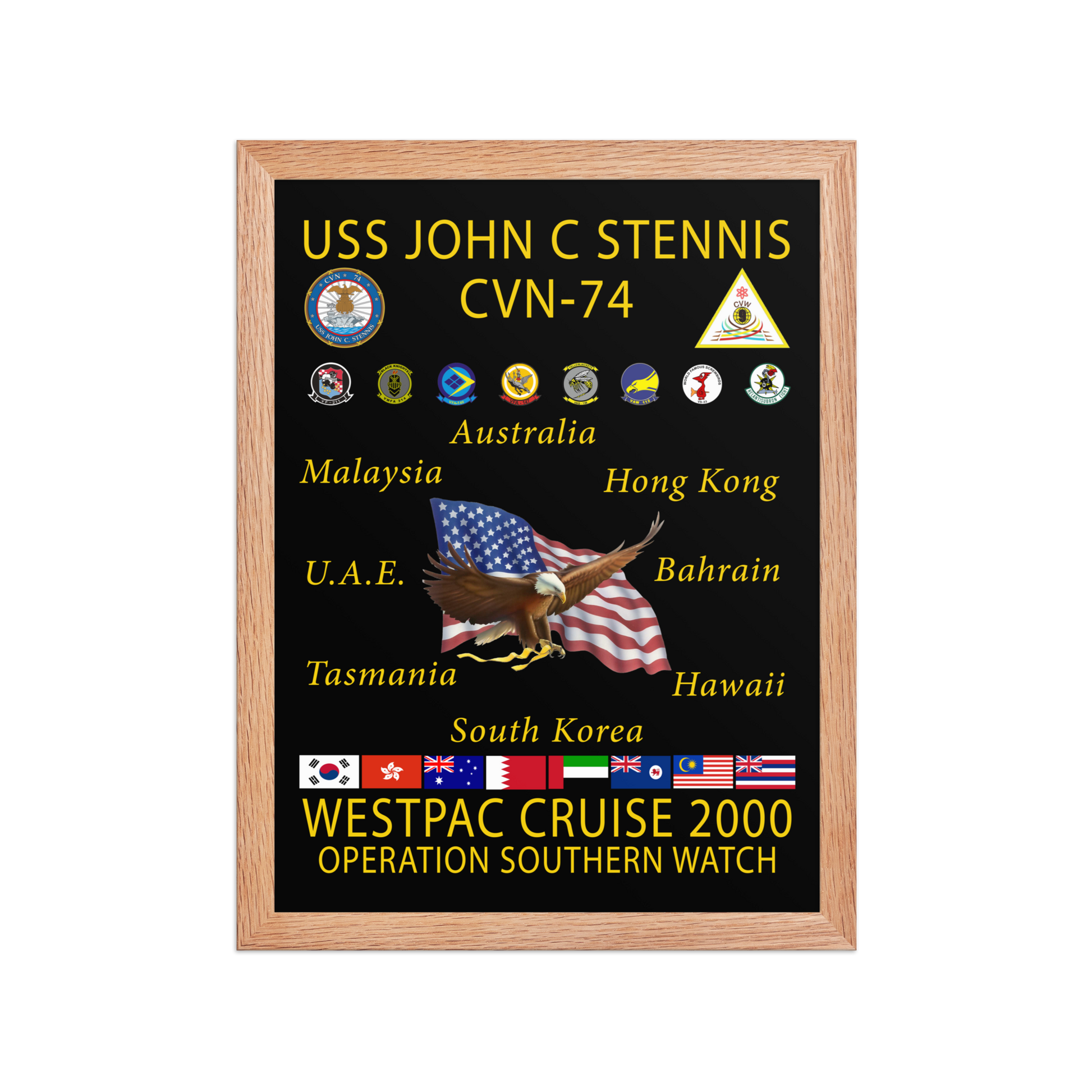 USS John C. Stennis CVN-74 WESTPAC Cruise 2000 Framed Poster – Operation Southern Watch – front view, red, 12x16