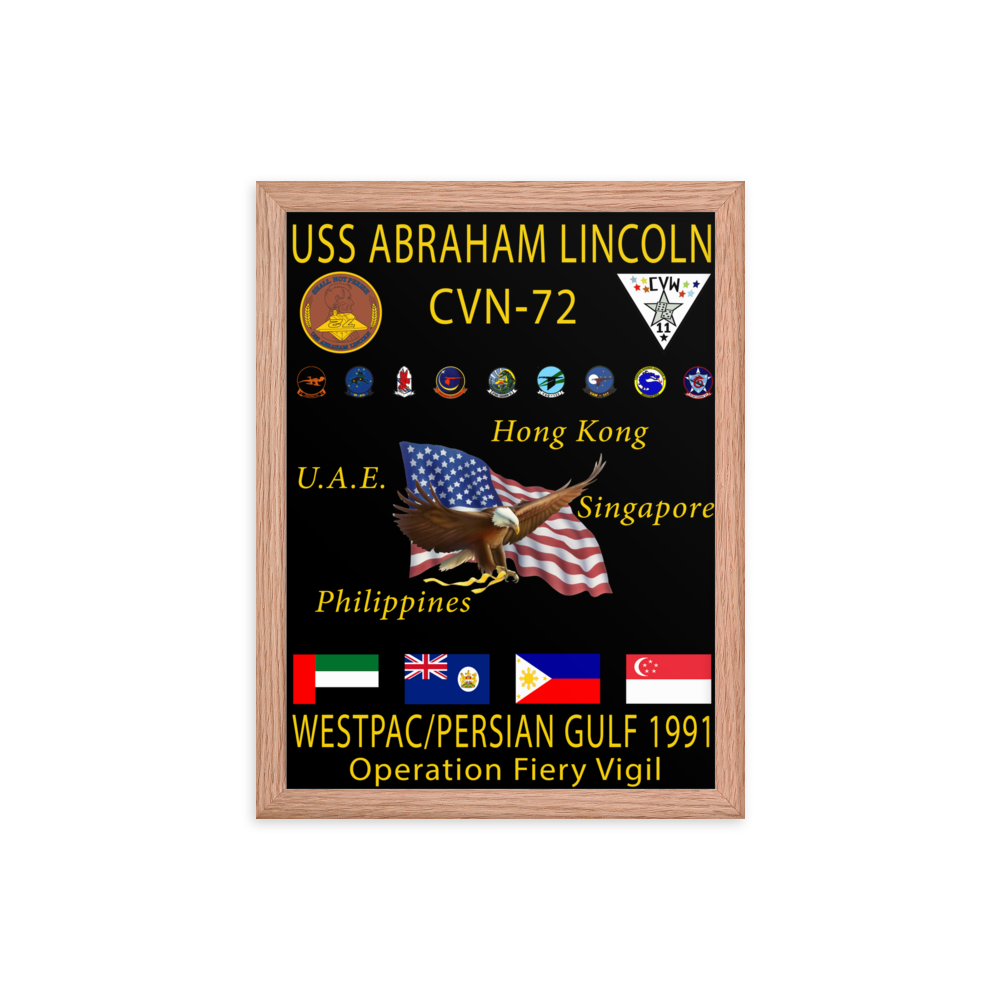 USS Abraham Lincoln (CVN-72) 1991 Framed Cruise Poster – red, 12x16