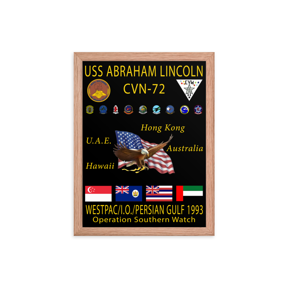 USS Abraham Lincoln (CVN-72) 1993 Framed Cruise Poster – red, 12x16