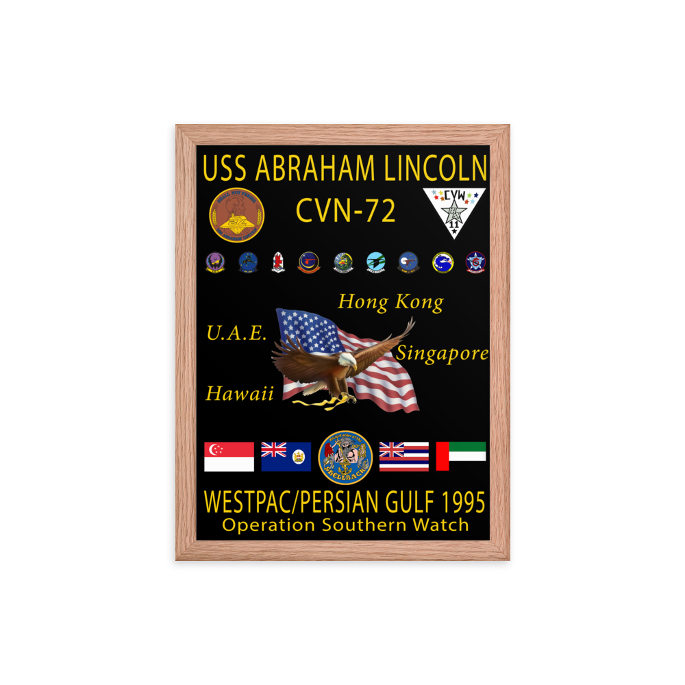 USS Abraham Lincoln (CVN-72) 1995 Framed Cruise Poster – red, 12x16