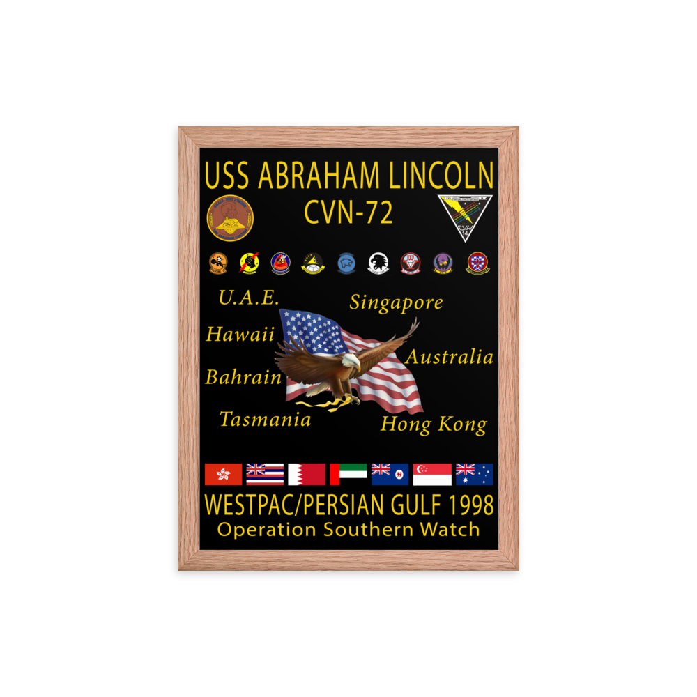 USS Abraham Lincoln (CVN-72) 1998 Framed Cruise Poster – red, 12x16