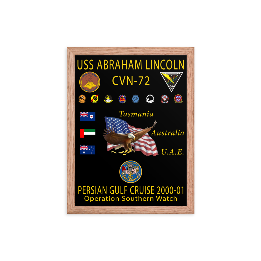 USS Abraham Lincoln (CVN-72) 2000-01 Framed Cruise Poster – red, 12x16