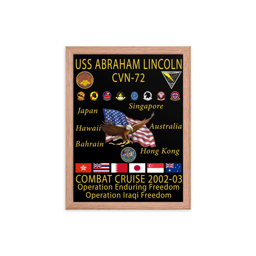 USS Abraham Lincoln (CVN-72) 2002-03 Framed Cruise Poster – red, 12x16
