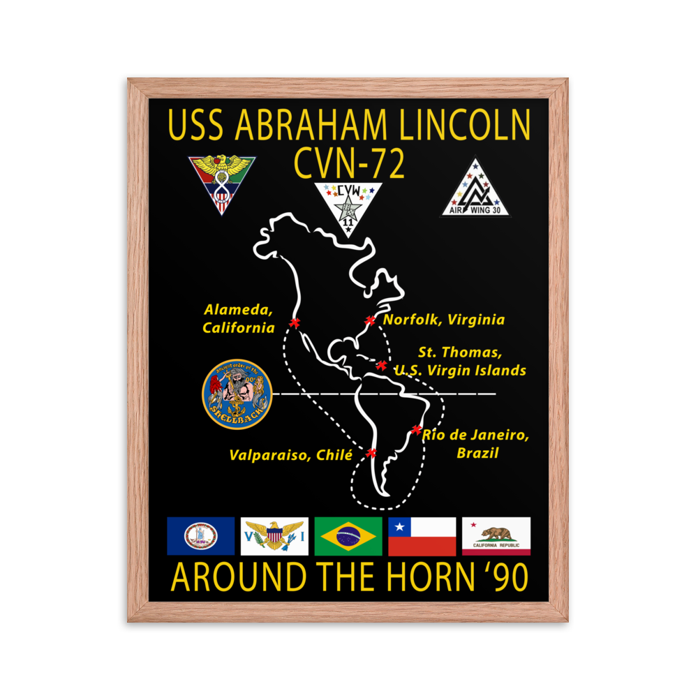 USS Abraham Lincoln (CVN-72) 1990 Around the Horn Framed Cruise Poster – red, 16x20