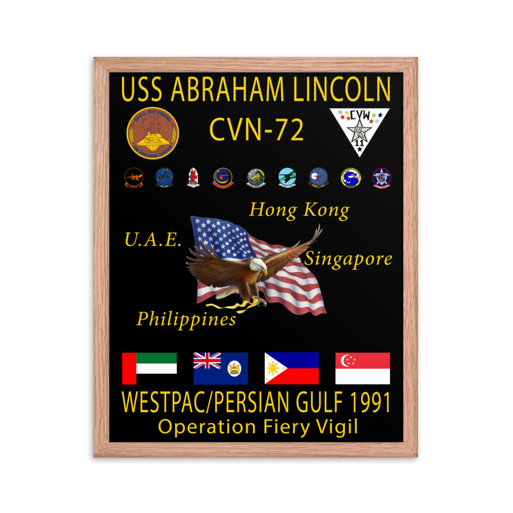 USS Abraham Lincoln (CVN-72) 1991 Framed Cruise Poster – red, 16x20