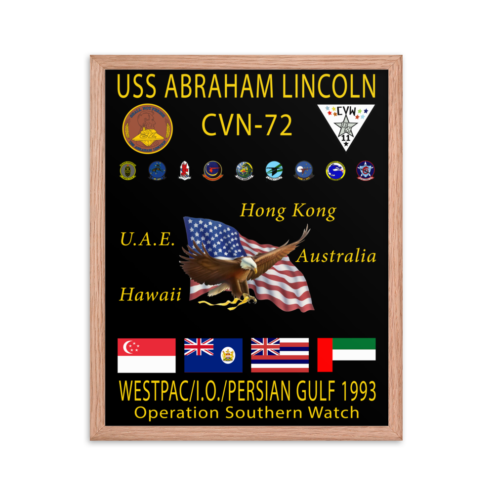 USS Abraham Lincoln (CVN-72) 1993 Framed Cruise Poster – red, 16x20