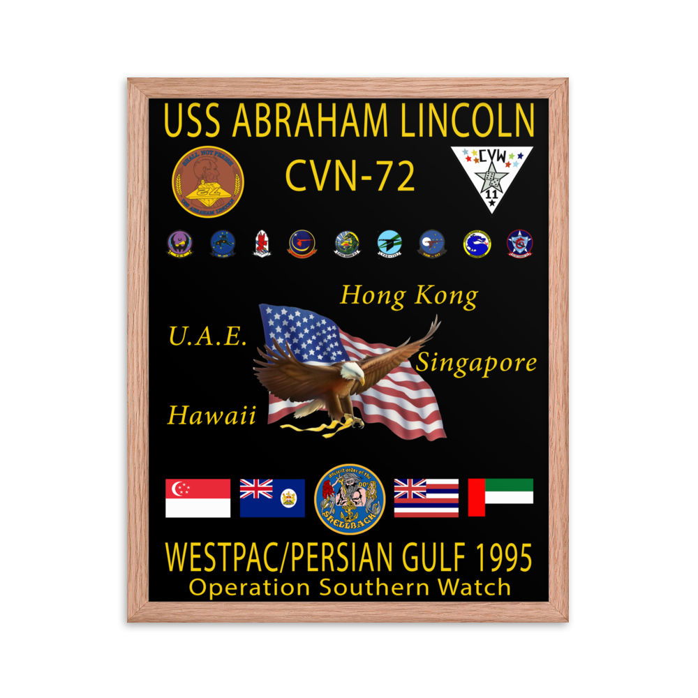 USS Abraham Lincoln (CVN-72) 1995 Framed Cruise Poster – red, 16x20