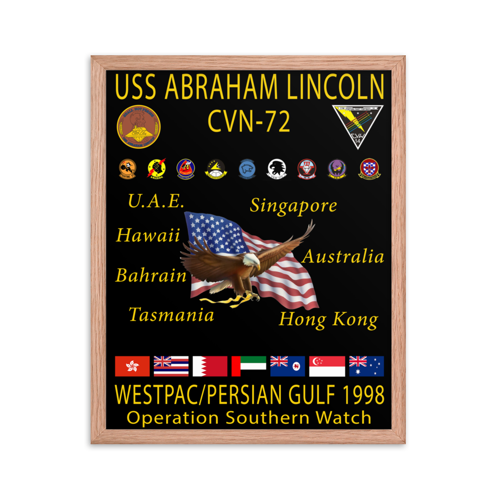 USS Abraham Lincoln (CVN-72) 1998 Framed Cruise Poster – red, 16x20