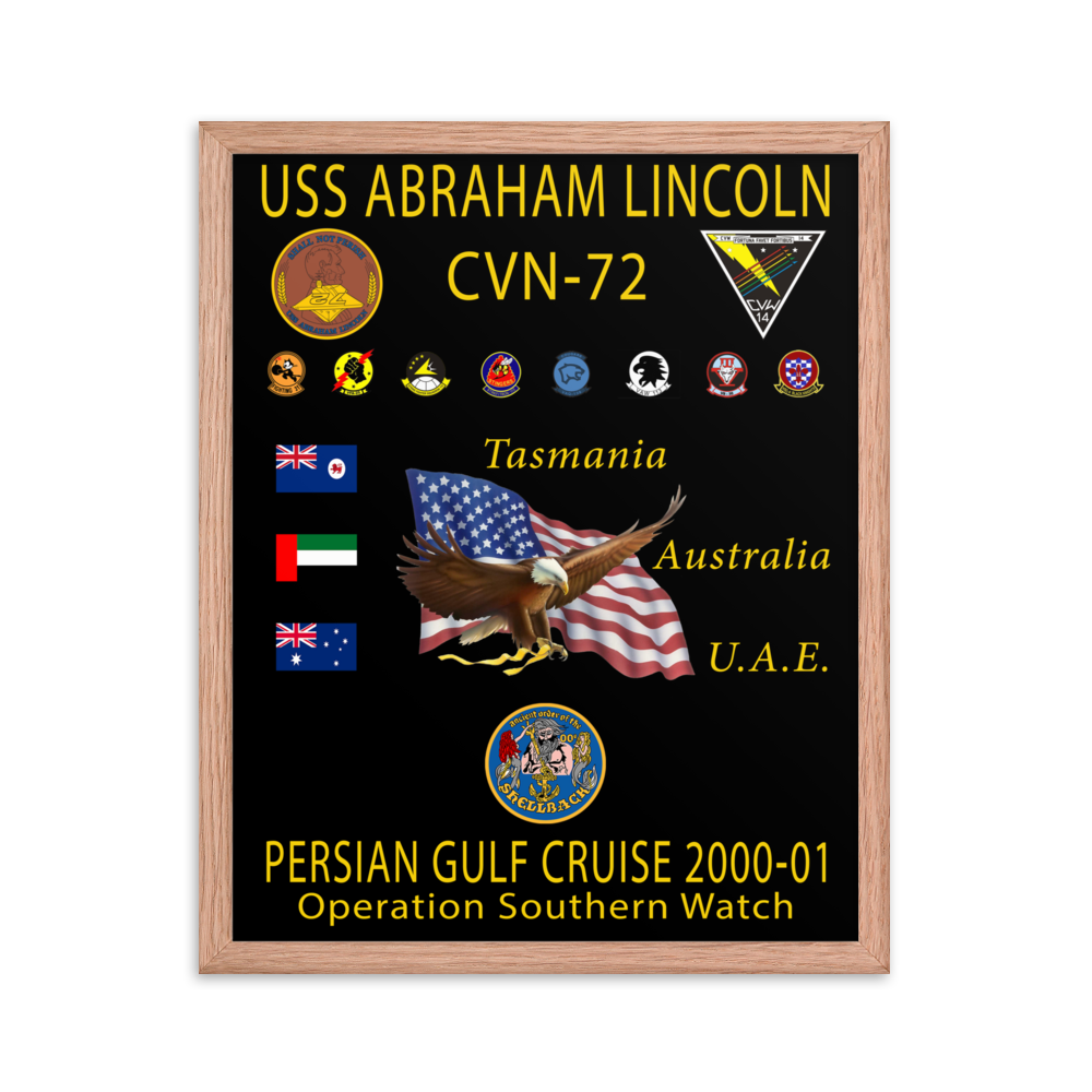 USS Abraham Lincoln (CVN-72) 2000-01 Framed Cruise Poster – red, 16x20