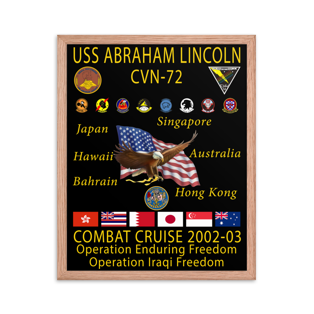 USS Abraham Lincoln (CVN-72) 2002-03 Framed Cruise Poster – red, 16x20