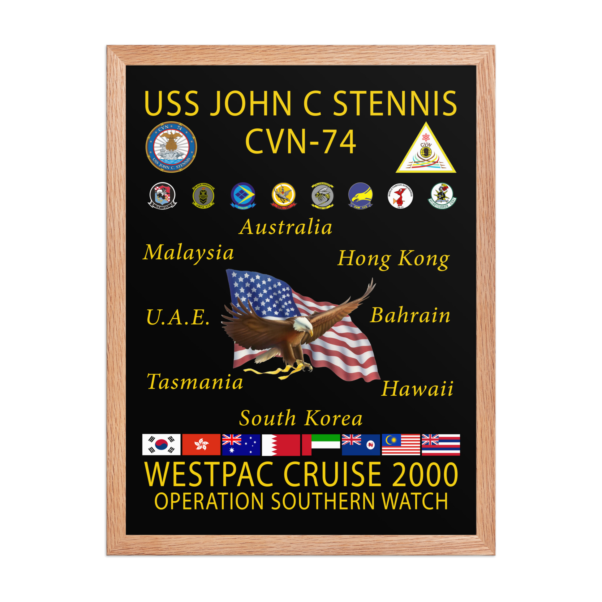 USS John C. Stennis CVN-74 WESTPAC Cruise 2000 Framed Poster – Operation Southern Watch – front view, red, 18x24