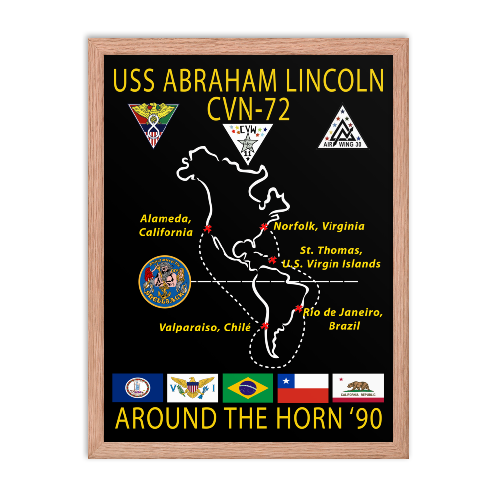 USS Abraham Lincoln (CVN-72) 1990 Around the Horn Framed Cruise Poster – red, 18x24