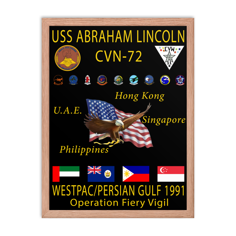 USS Abraham Lincoln (CVN-72) 1991 Framed Cruise Poster – red, 18x24