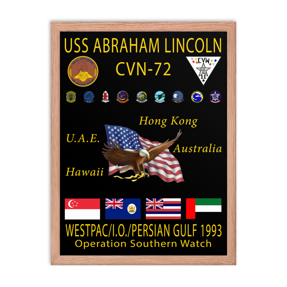 USS Abraham Lincoln (CVN-72) 1993 Framed Cruise Poster – red, 18x24