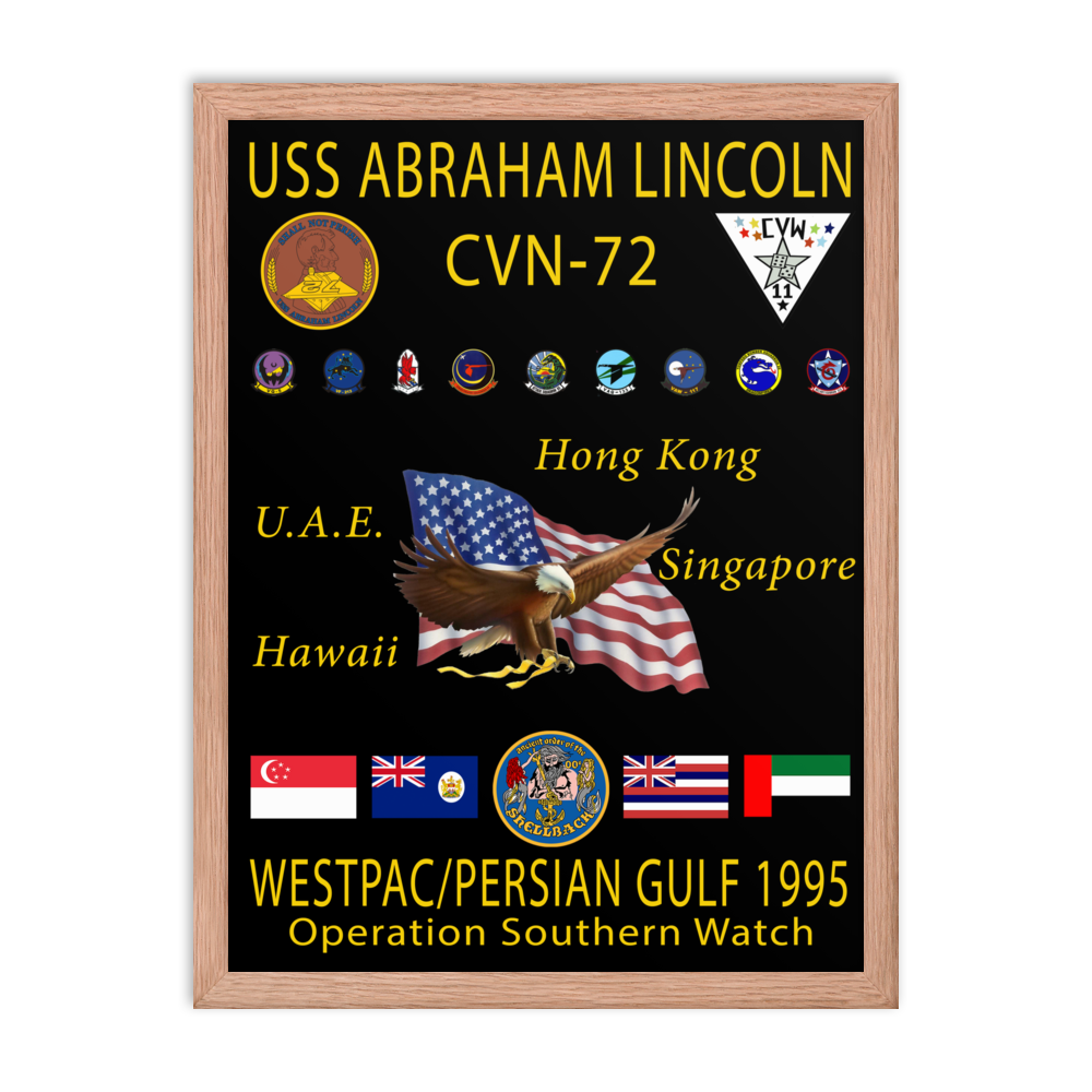 USS Abraham Lincoln (CVN-72) 1995 Framed Cruise Poster – red, 18x24