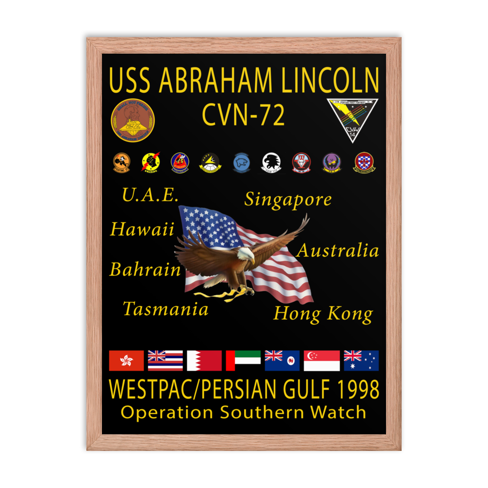 USS Abraham Lincoln (CVN-72) 1998 Framed Cruise Poster – red, 18x24