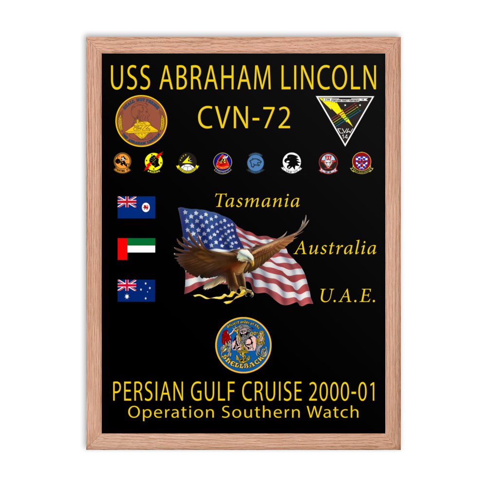 USS Abraham Lincoln (CVN-72) 2000-01 Framed Cruise Poster – red, 18x24