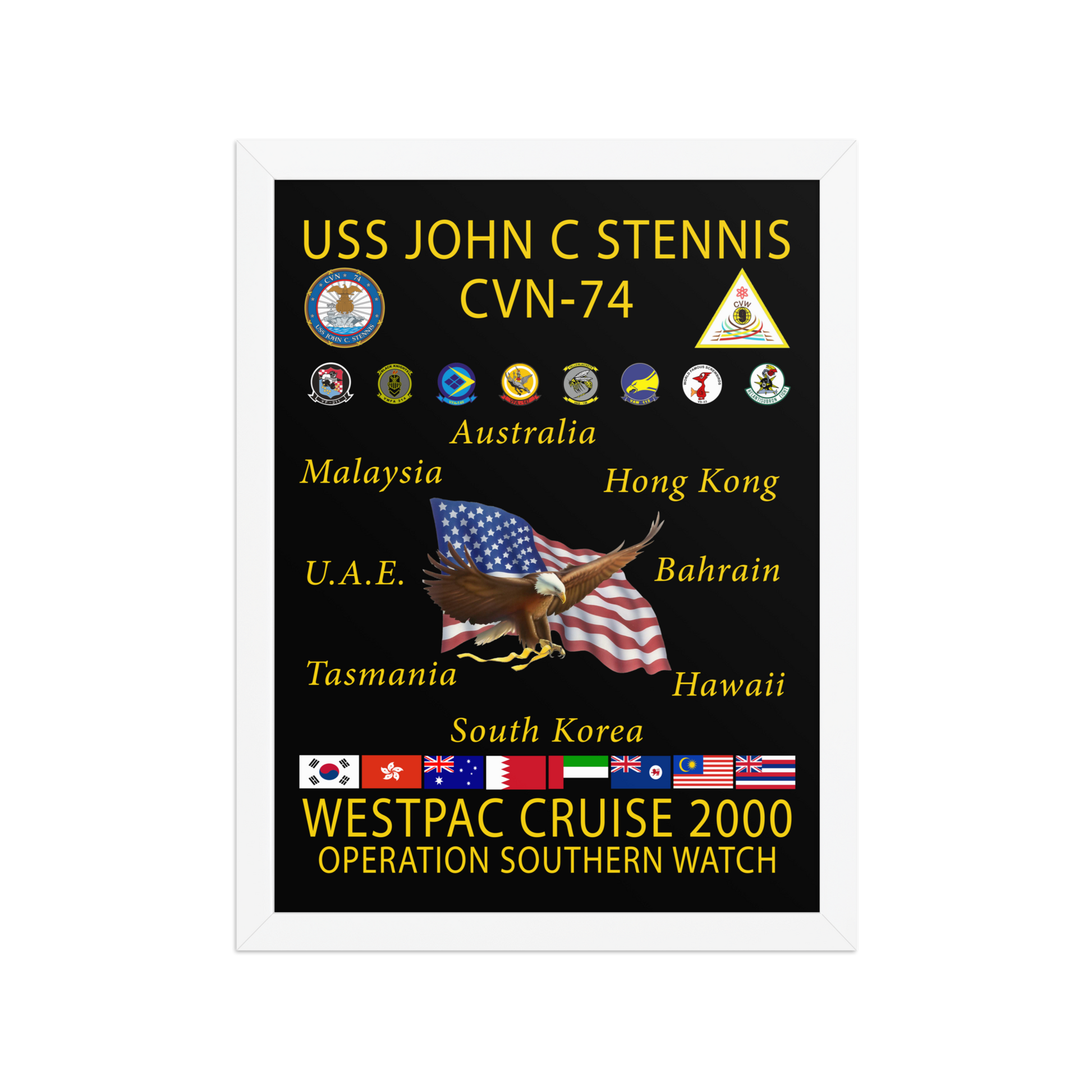 USS John C. Stennis CVN-74 WESTPAC Cruise 2000 Framed Poster – Operation Southern Watch – front view, white, 12x16