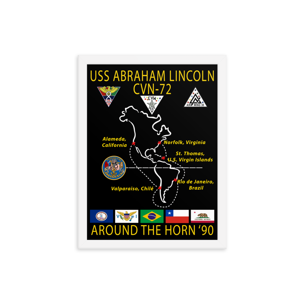 USS Abraham Lincoln (CVN-72) 1990 Around the Horn Framed Cruise Poster – white, 12x16